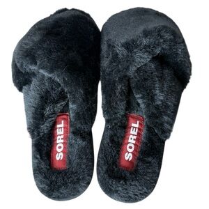 SOREL New Go Mail Run Black Faux Fur Fuzzy Cozy Slippers Slip On Size 8